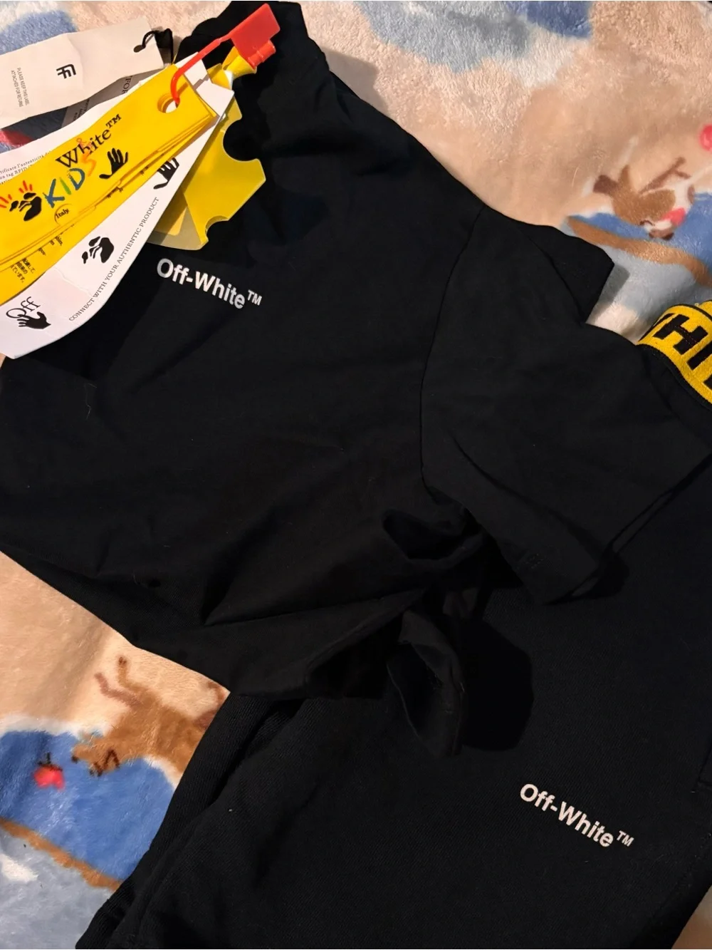 Kids Off-White Brand Black Shorts and Shirt with Yellow Branded Tape